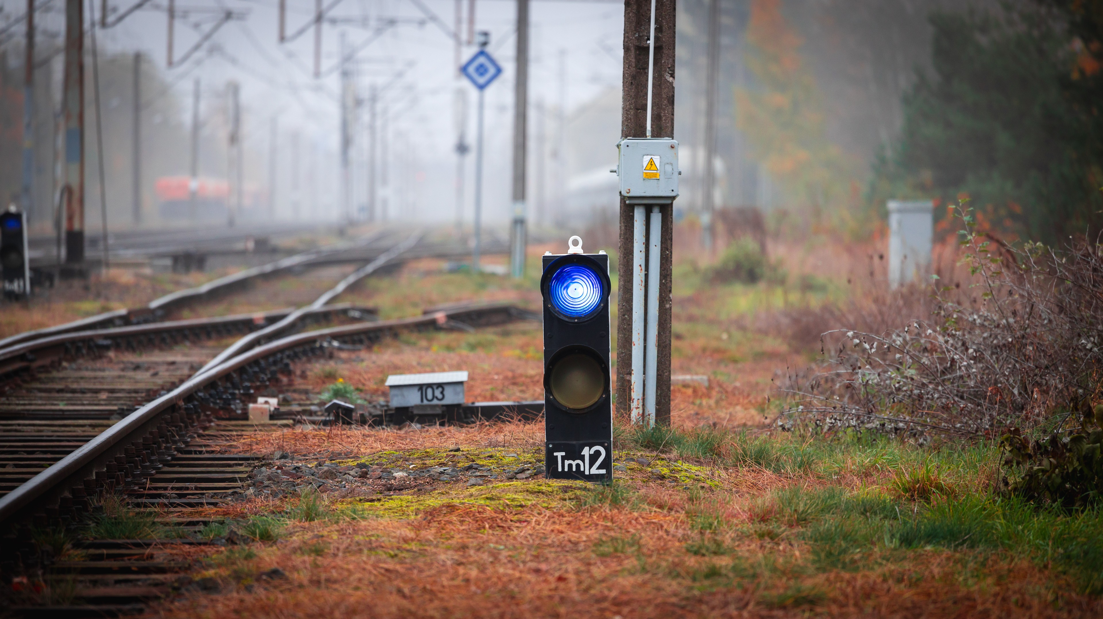 Zdjęcie przedstawia sygnalizator kolejowy umieszczony przy torach w mglisty dzień.
